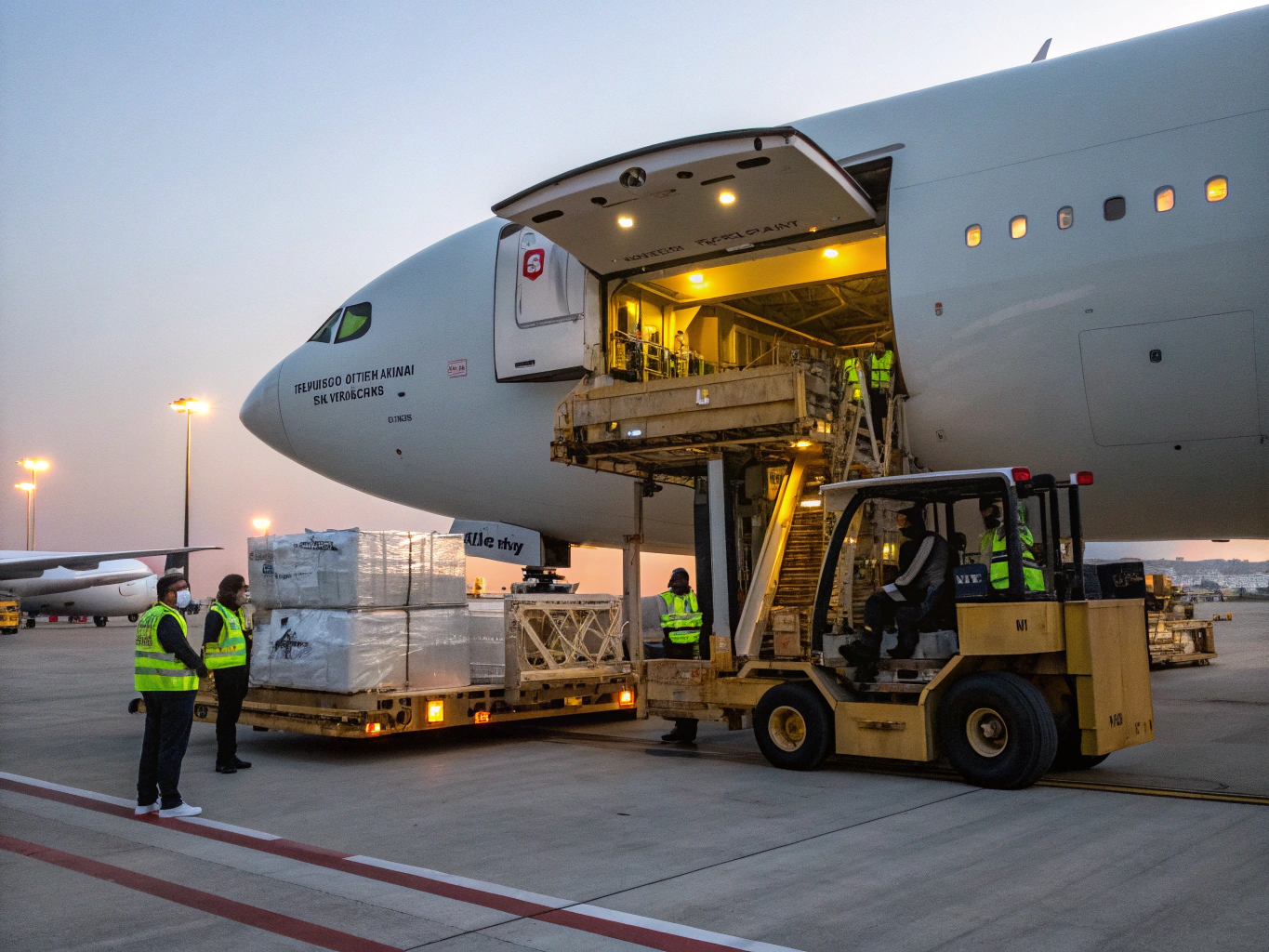 Cargo aircraft being loaded for international transport